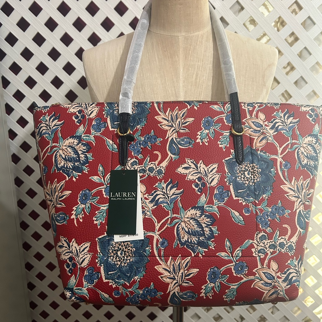 Ralph Lauren Red Floral Print Tote With Blue Accents